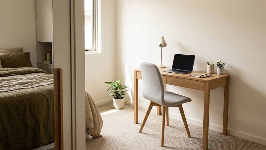 Compact wooden home office desk with a laptop and upholstered chair in a small bedroom workspace.
