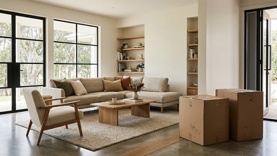 Modern neutral living room with a contemporary sofa, wooden coffee table and moving boxes, representing furniture shopping and delivery.