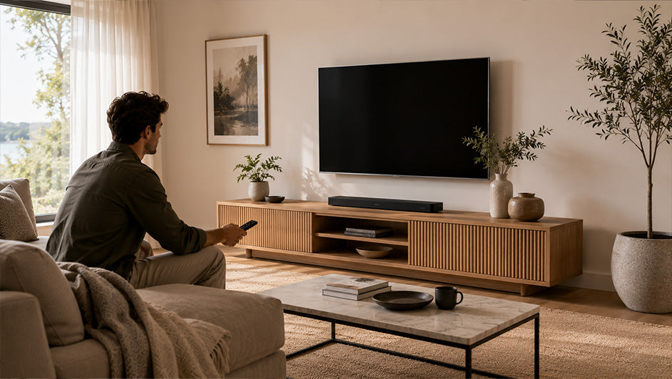 Modern timber TV unit beneath a large flat-screen television in a contemporary living room