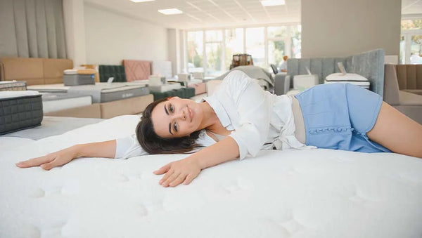 Woman testing a hybrid mattress for comfort in an Australian furniture showroom