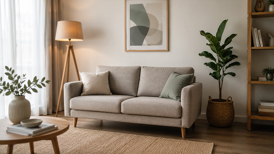 Modern beige fabric sofa in stylish contemporary living room
