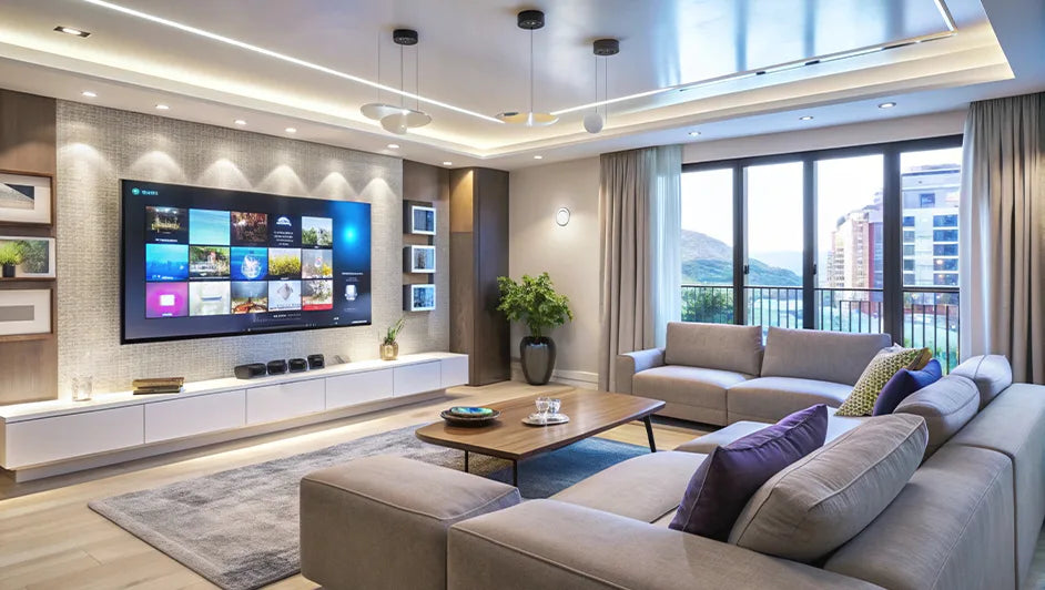 Modern living room with a wall-mounted TV unit, showcasing how to choose the perfect TV unit based on living room size and layout