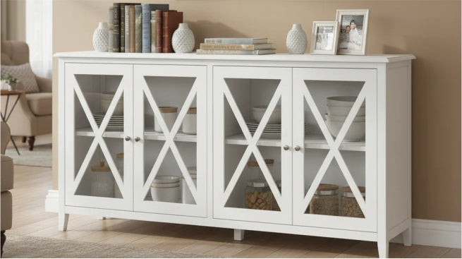 White wooden sideboard/display cabinet with X-pattern glass doors, styled with books and decor.