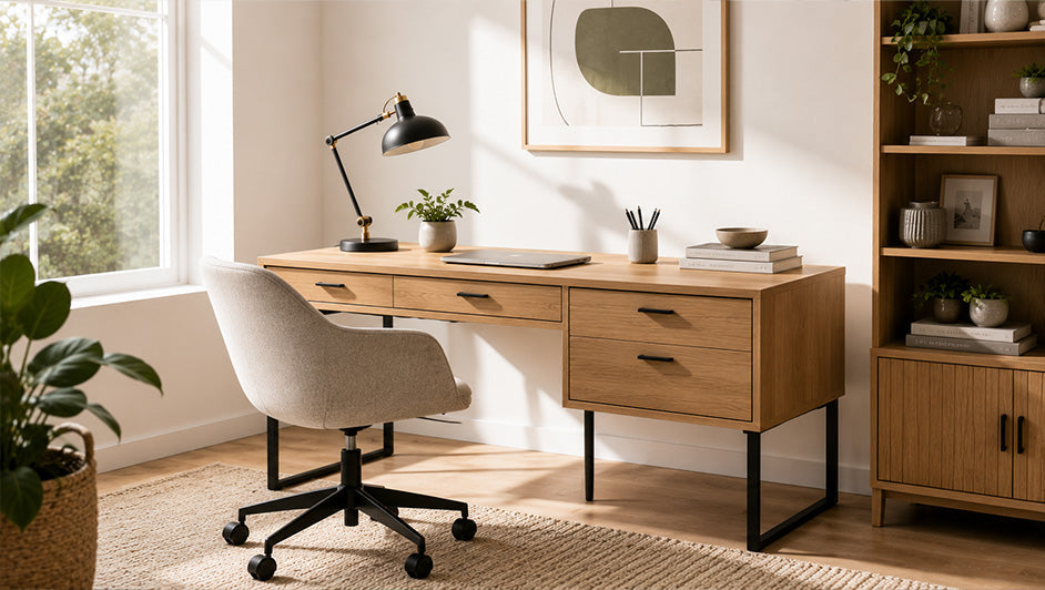 Modern wooden desk with multiple drawers in a bright home office workspace