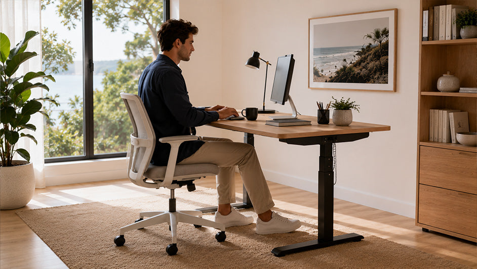 Professional working at an ergonomic office desk with computer in a bright home office
