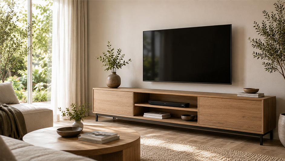 Modern wooden TV unit styled with a neutral sofa and natural flooring in an Australian living room