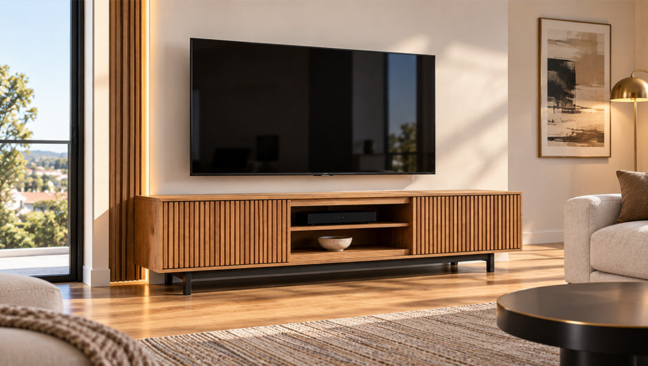 Modern wooden TV cabinet with slatted doors beneath a wall-mounted television in a contemporary living room