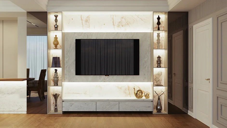 modern marble tv unit wall design with shelves and lighting in luxury living room