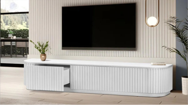 modern white TV stand media console with slatted cabinet doors, contemporary living room furniture  