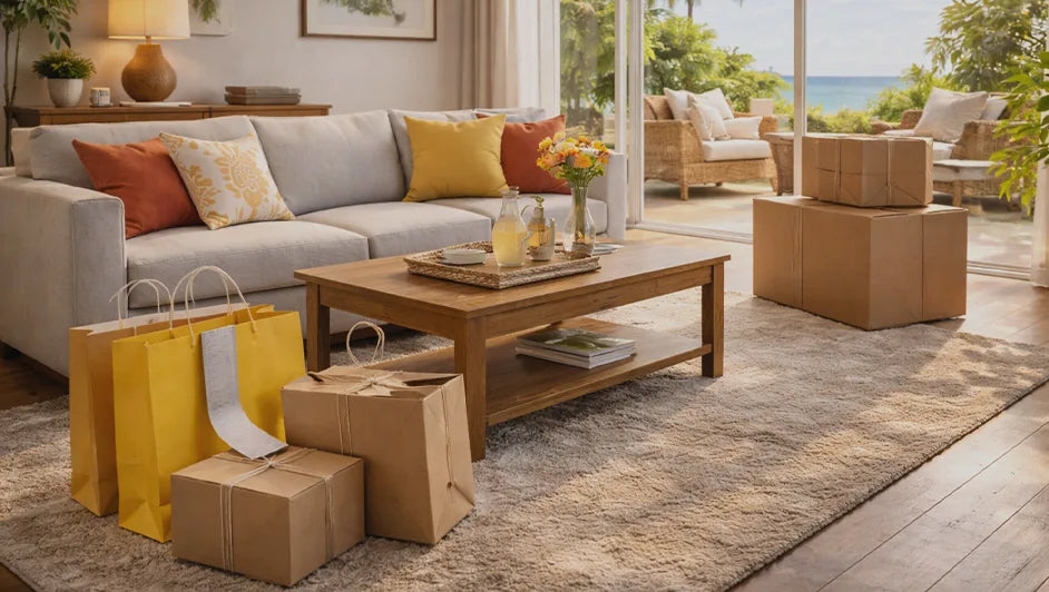 A bright, sunlit living room featuring a modern grey sofa with yellow and orange cushions, a wooden coffee table, and several shopping bags and delivery boxes on a plush rug.