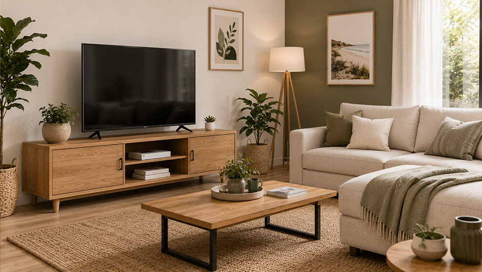Modern wooden TV unit with storage cabinets and open shelving in a bright living room