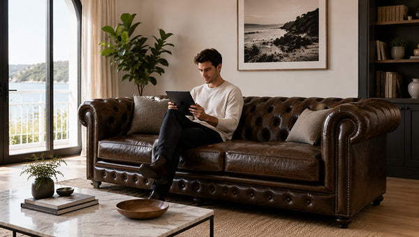 Elegant brown leather Chesterfield sofa in a modern Australian living room overlooking coastal scenery