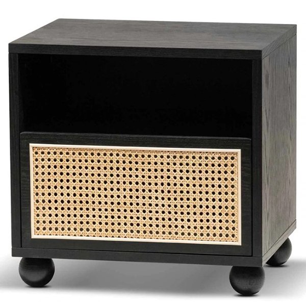 Haley Wooden Side Table with Rattan Front - Black