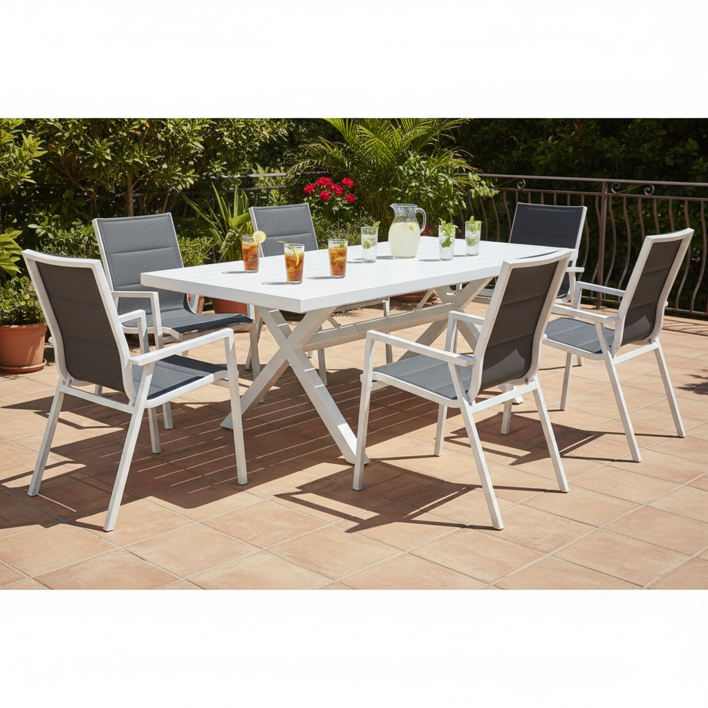 6 Seater Kos Aluminium Outdoor Dining Table Set - White