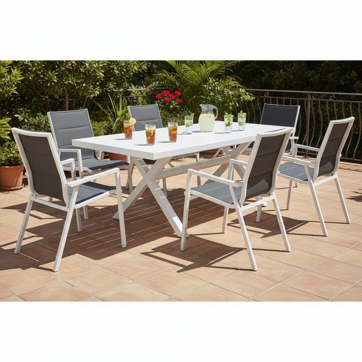 6 Seater Kos Aluminium Outdoor Dining Table Set - White