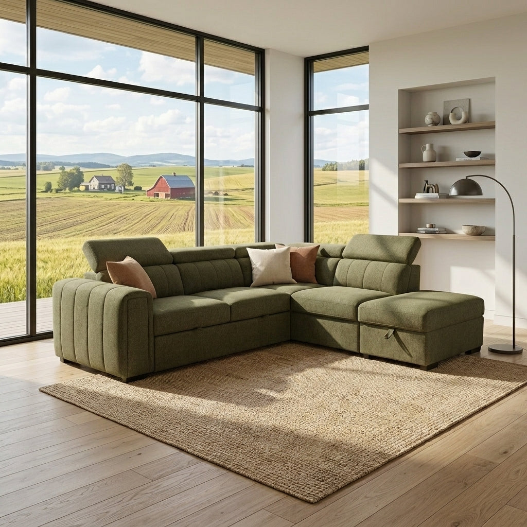 Angus Corner Sofa Bed with RHF Storage - Green