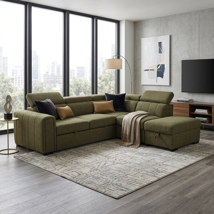 Angus Corner Sofa Bed with RHF Storage - Green