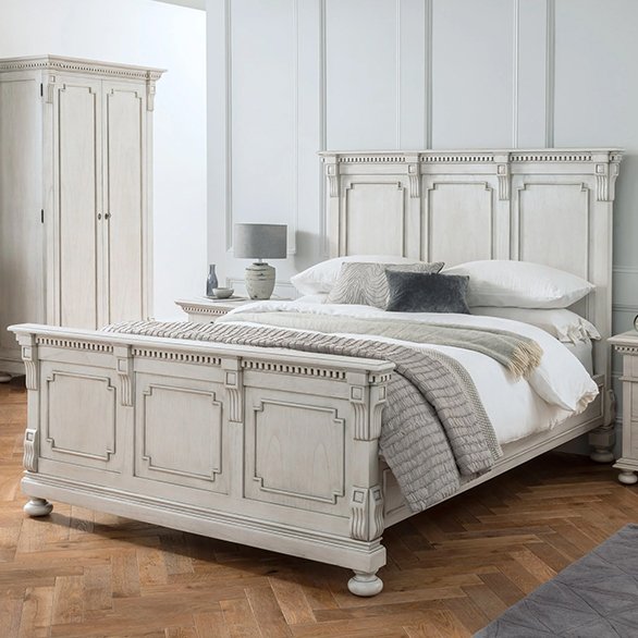 Augusta Antique White Mindi Wood Queen Bed Frame