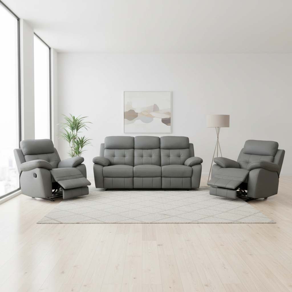Aquilla Leather Recliner Sofa Set - Grey