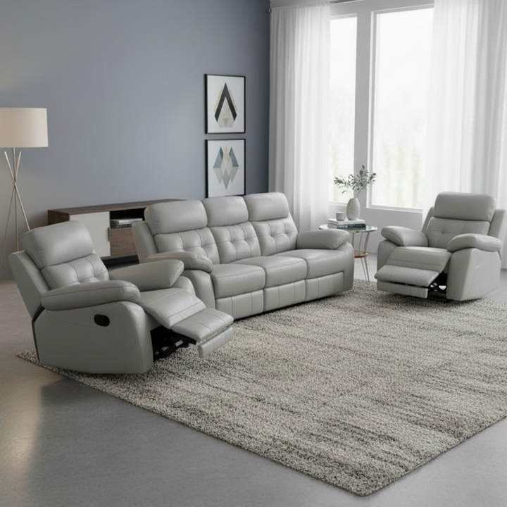 Aquilla Leather Recliner Sofa Set - Silver