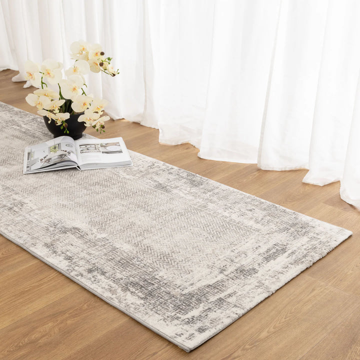 Atina Distressed Border Beige Grey Rug