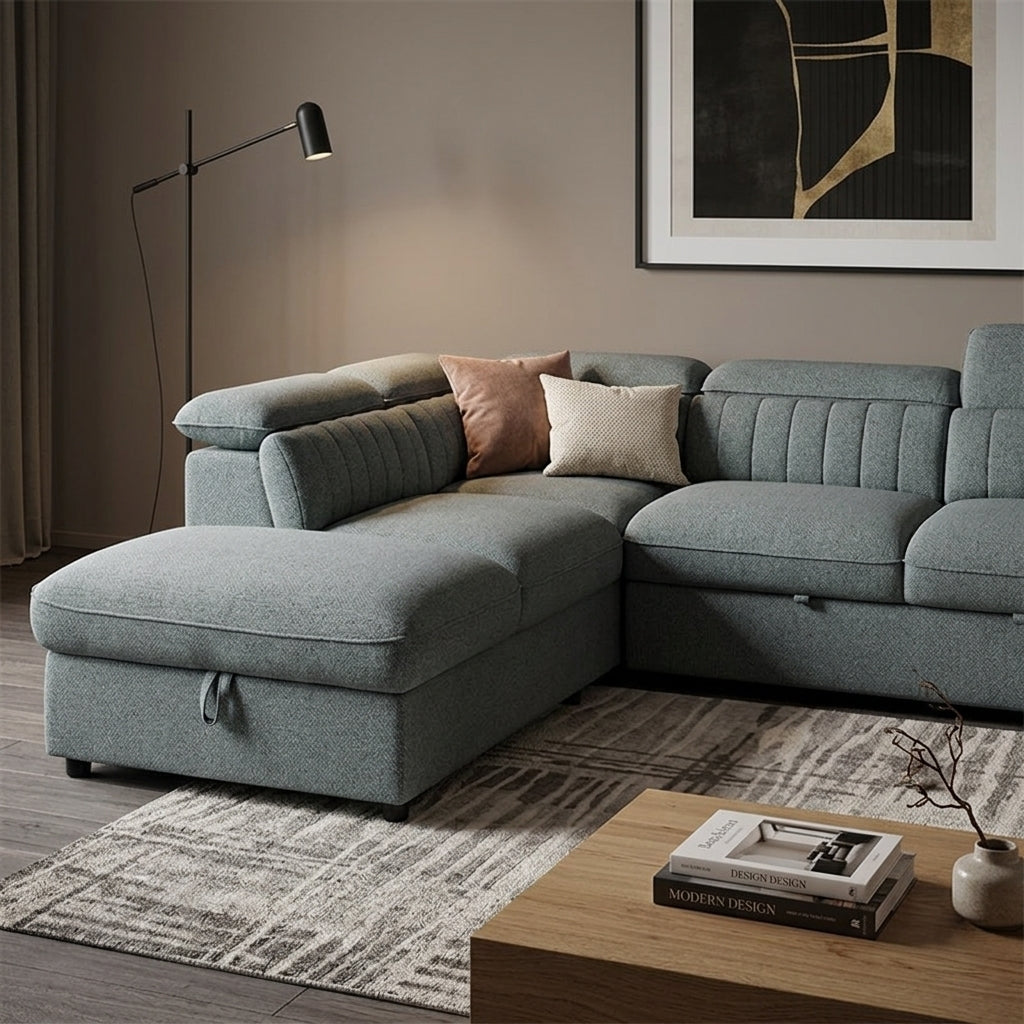 Bozeman Fabric Sofa Bed + LHF Storage Chaise - Sage