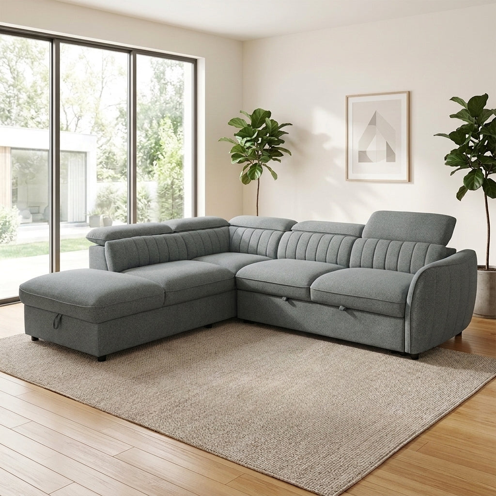 Bozeman Fabric Sofa Bed + LHF Storage Chaise - Sage