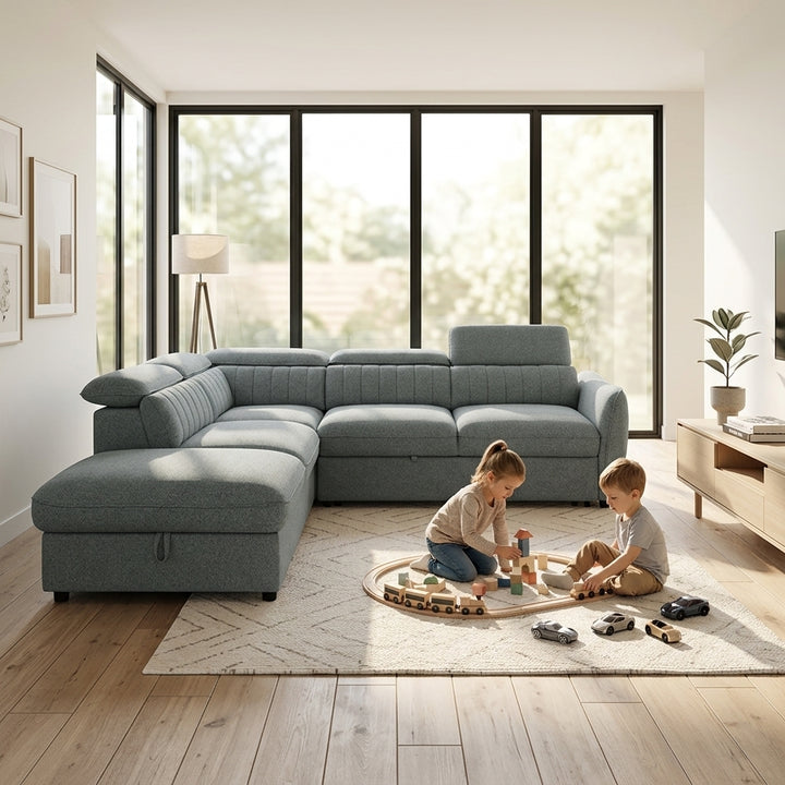 Bozeman Fabric Sofa Bed + LHF Storage Chaise - Sage