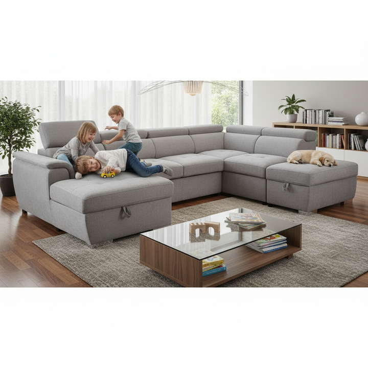 Bringelly Fabric Sofa Bed with Storage - Light Grey