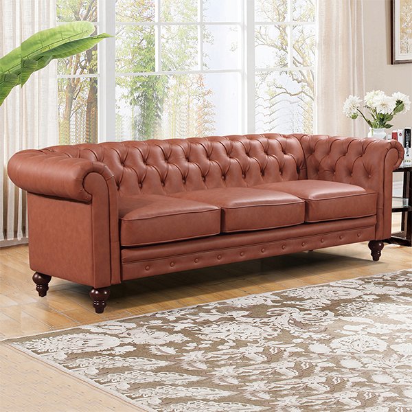 Sansa Tan Chesterfield 3 Seater Faux Leather Sofa