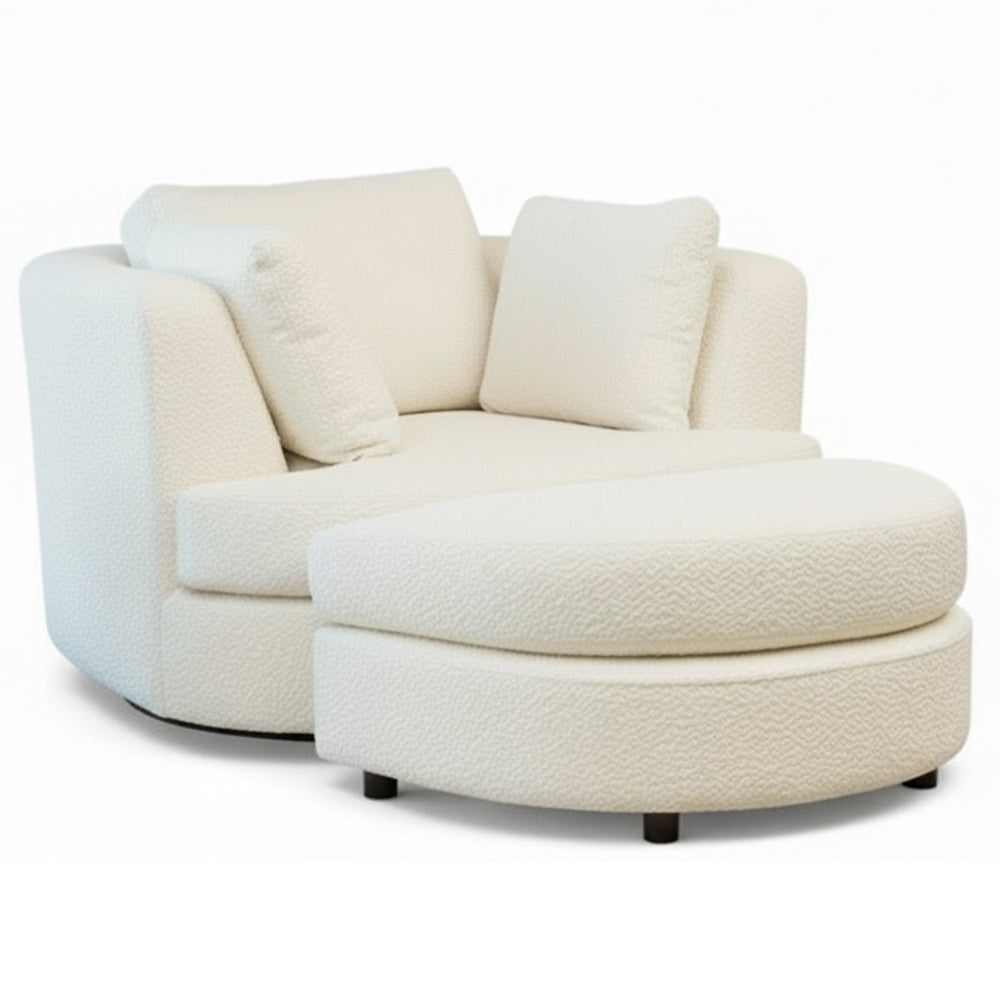 Cuddle Swivel Armchair + Ottoman - White Boucle