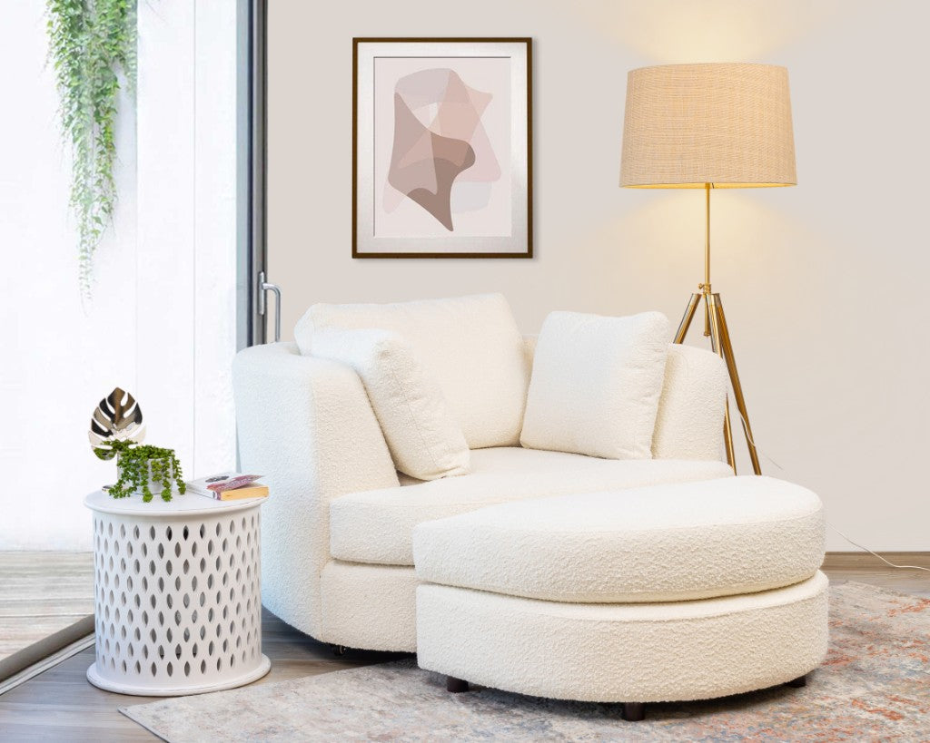 Cuddle Swivel Armchair + Ottoman - White Boucle