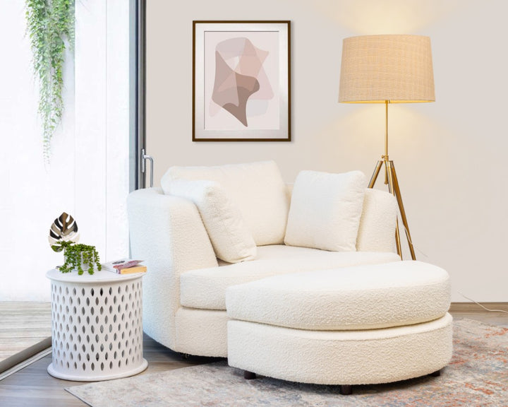 Cuddle Swivel Armchair + Ottoman - White Boucle