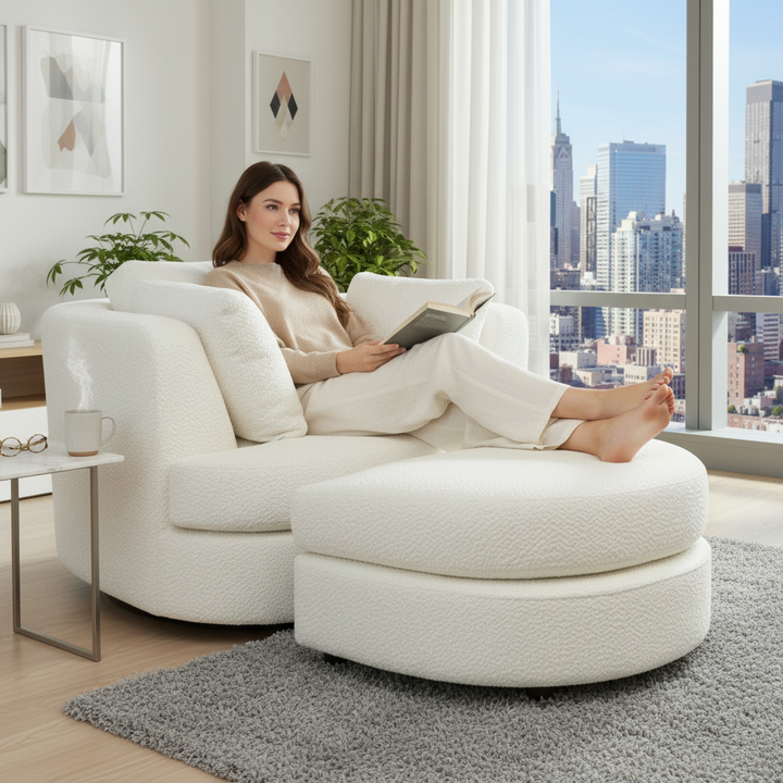Cuddle Swivel Armchair + Ottoman - White Boucle