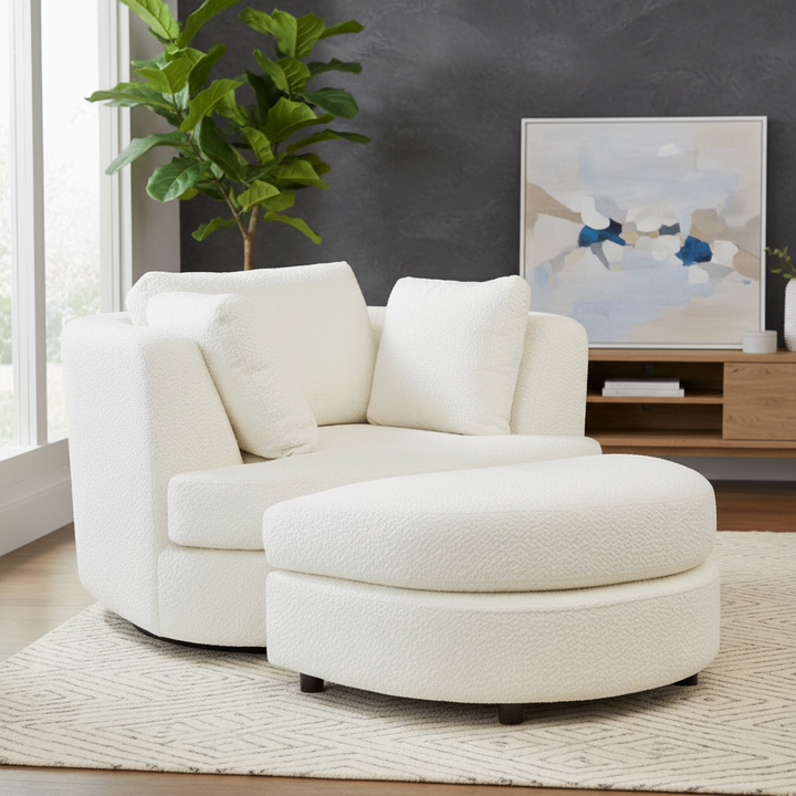 Cuddle Swivel Armchair + Ottoman - White Boucle