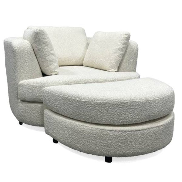 Cuddle Swivel Armchair + Ottoman - White Boucle