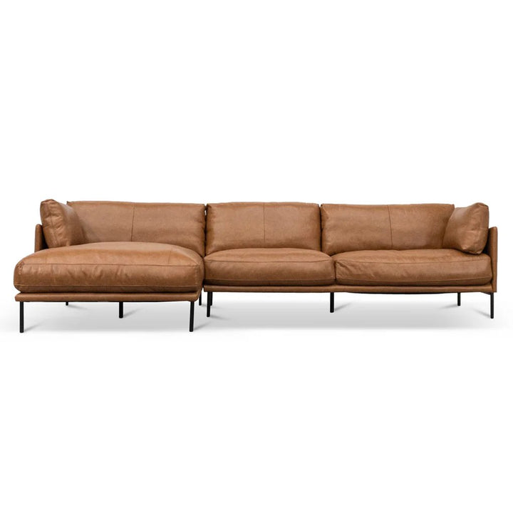 Emilis 4 Seater Left Chaise Leather Sofa - Caramel Brown