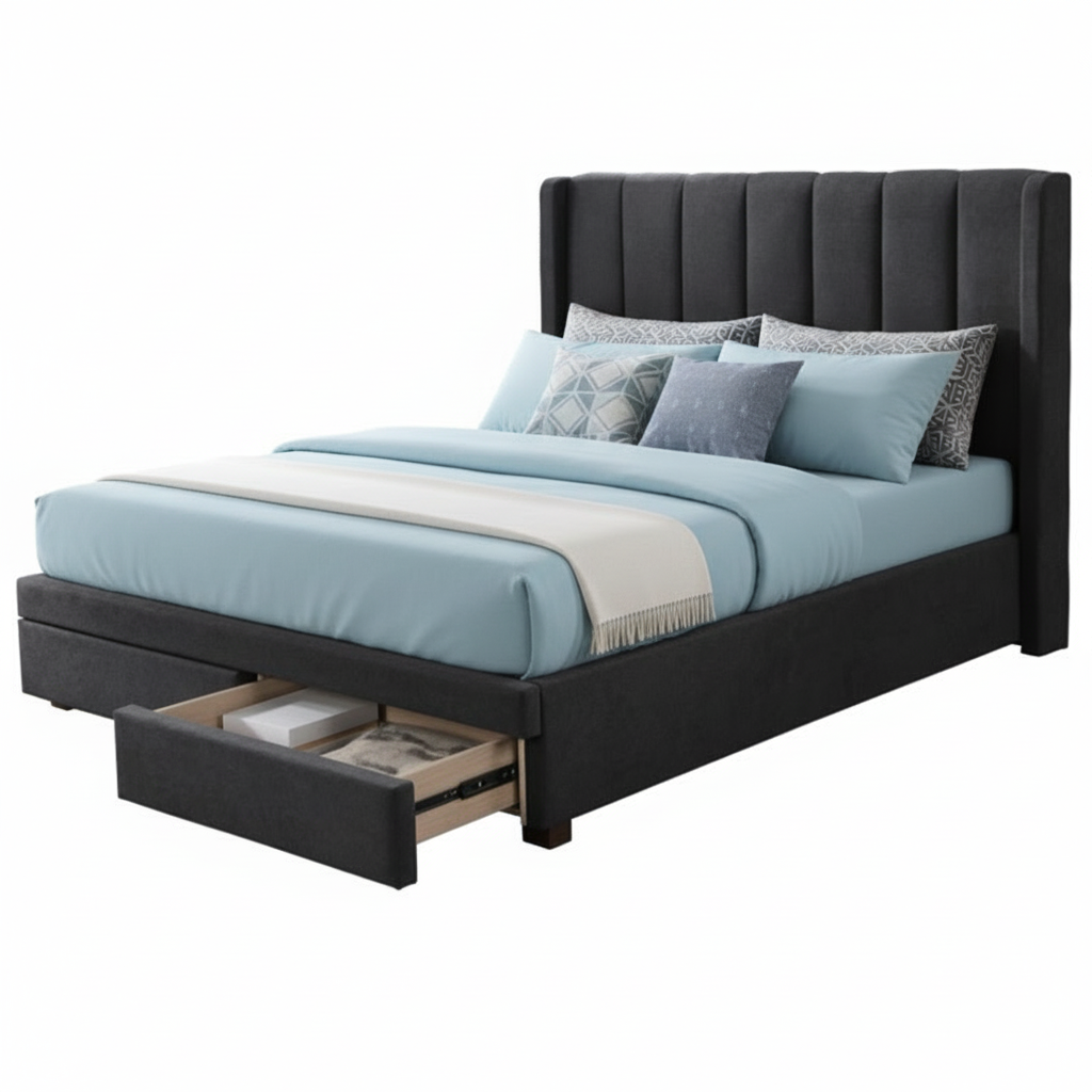 Fay King Bed with End Drawers - Dark Grey