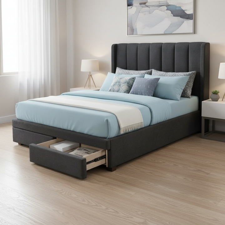 Fay King Bed with End Drawers - Dark Grey