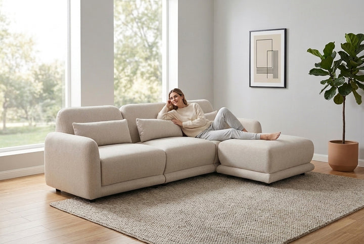 Forbes 3 Seater Modular Fabric Sofa with Ottoman - Beige