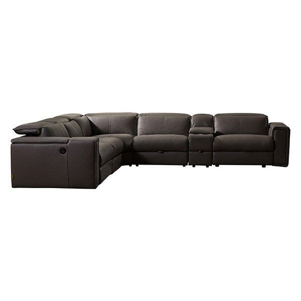 Grey Caecilius 5 Seater Leather Sofa with Cup Holders & Drawer