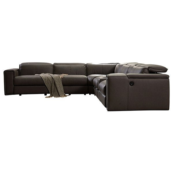 Grey Caecilius 5 Seater Leather Sofa with Cup Holders & Drawer