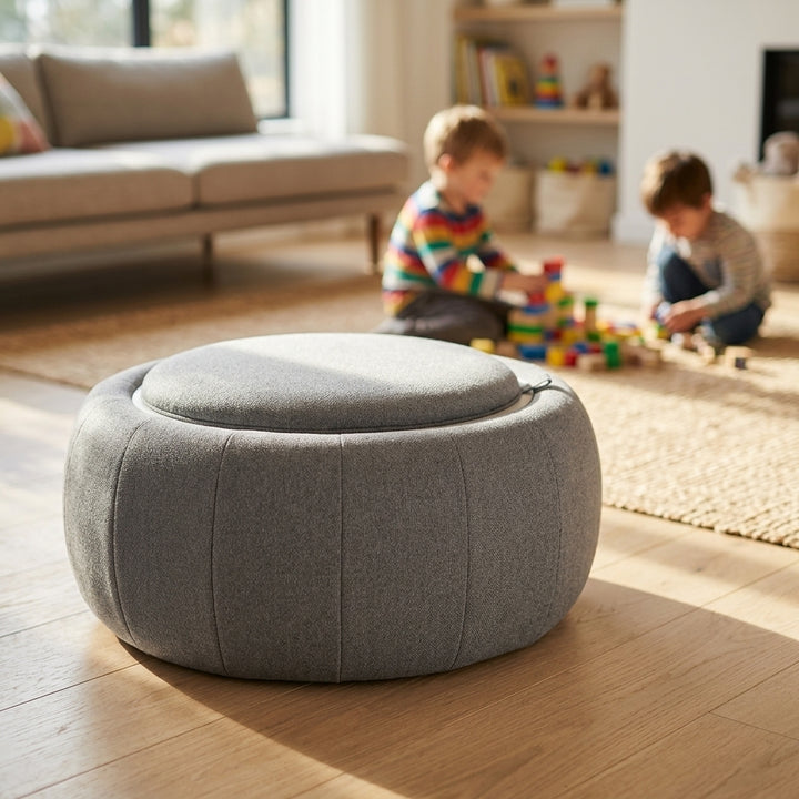 Harper Fabric Round Ottoman - Dark Grey