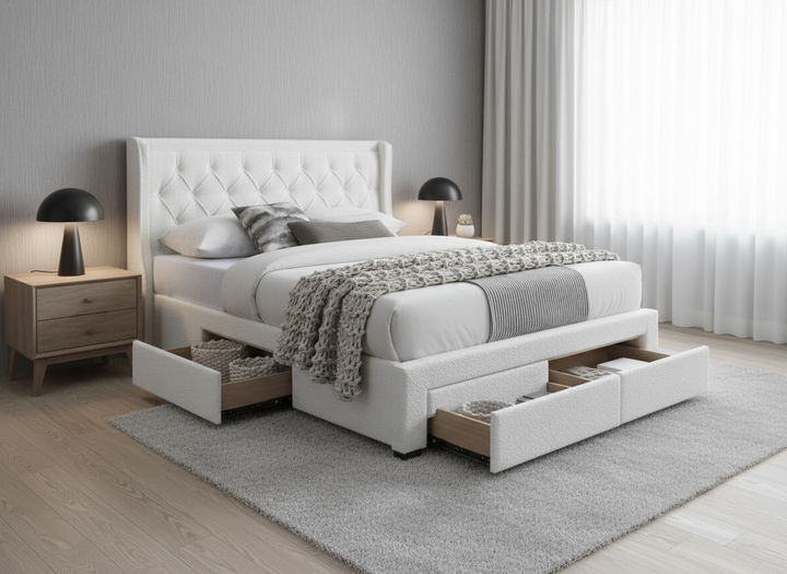 Jackson 4-Drawer Queen Bed - Ivory Boucle