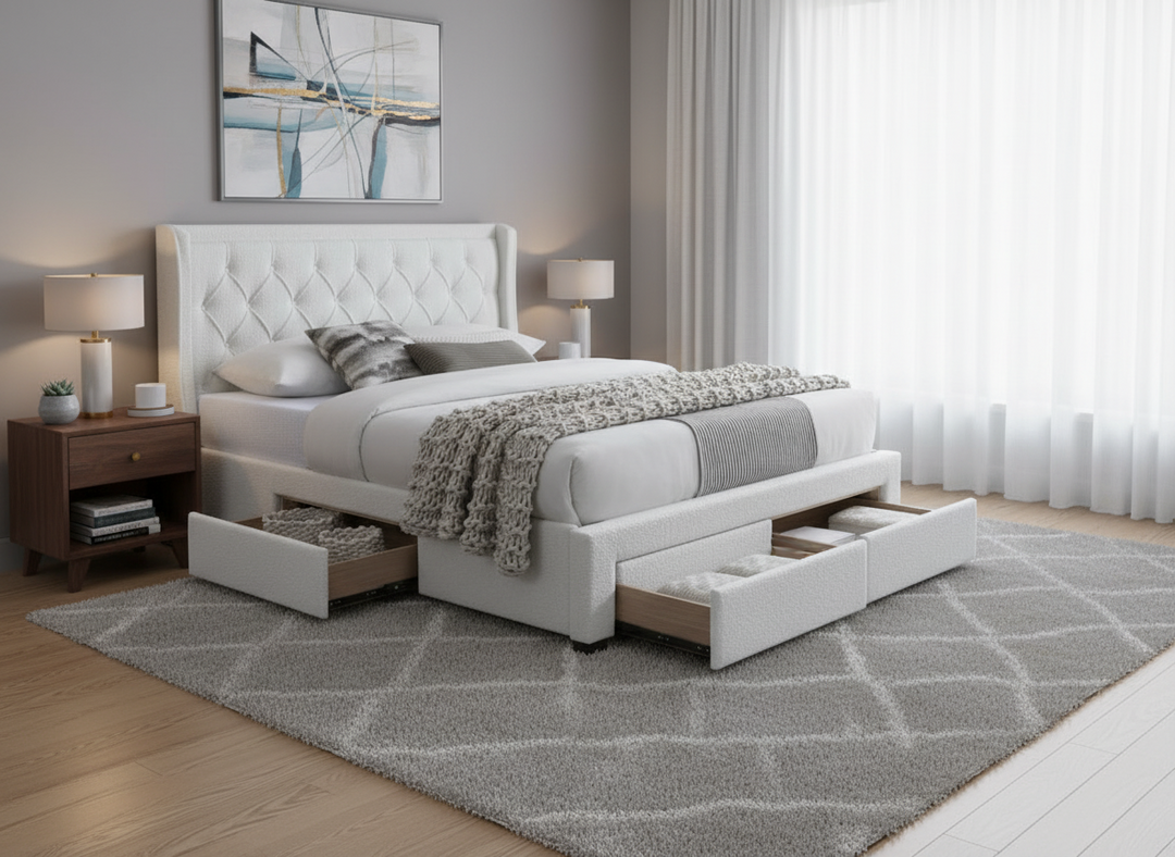 Jackson 4-Drawer Queen Bed - Ivory Boucle