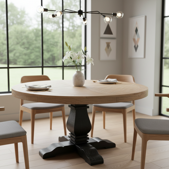 Kara Reclaimed 1.6m Round Dining Table - Natural Top - Black Base