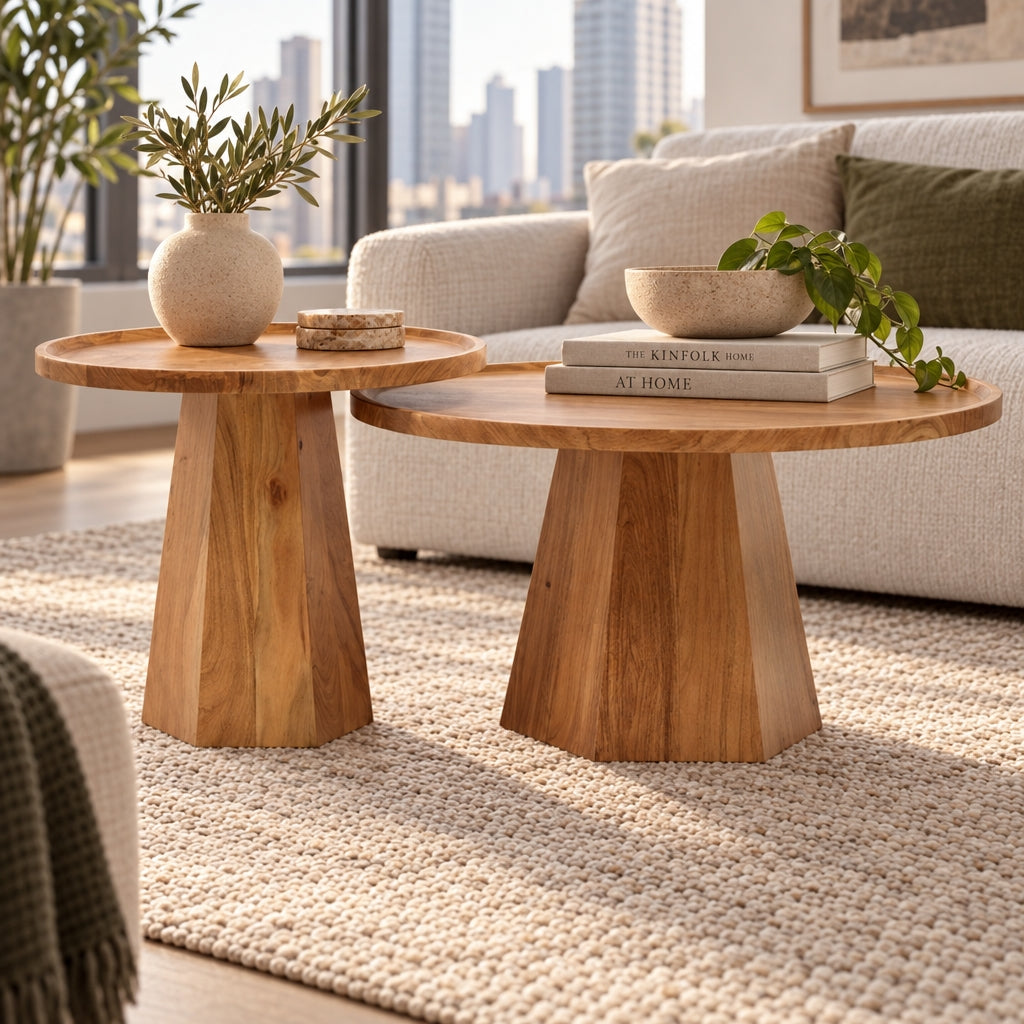 Kempsey Acacia Timber Round Coffee Table 2 Piece Set
