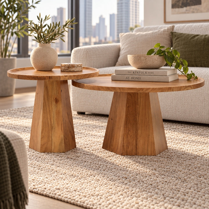 Kempsey Acacia Timber Round Coffee Table 2 Piece Set