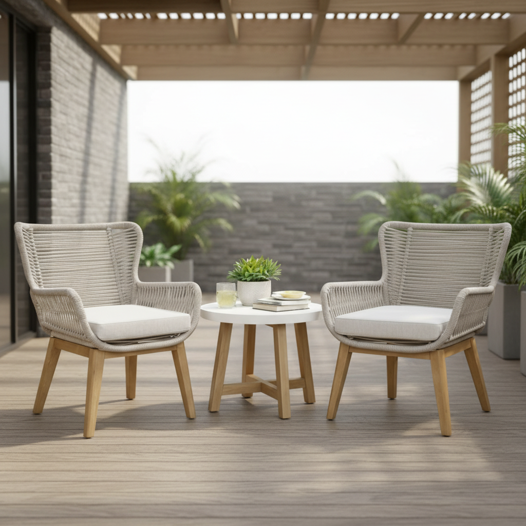 Kuhl 3 Piece Rope & Eucalyptus Timber Outdoor Chair Set - Whitewash