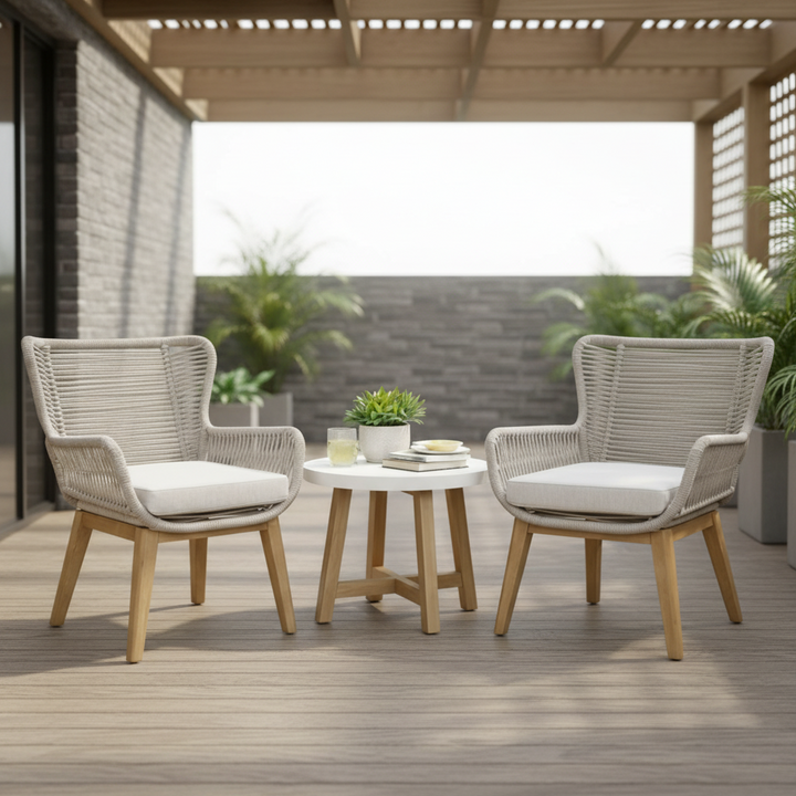 Kuhl 3 Piece Rope & Eucalyptus Timber Outdoor Chair Set - Whitewash